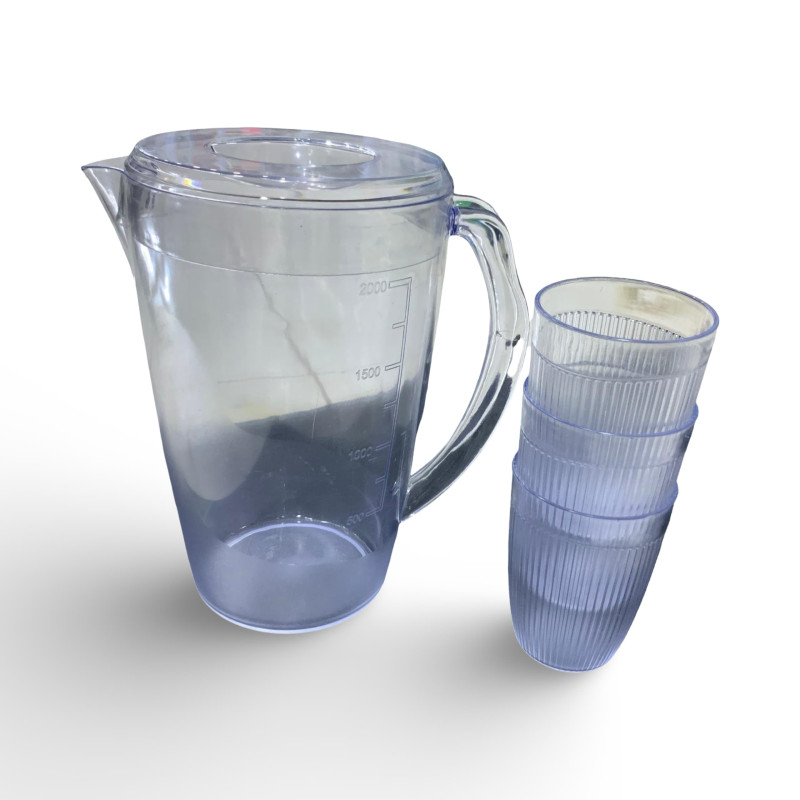 ابريق ماء بلاستيك شفاف مع اكواب