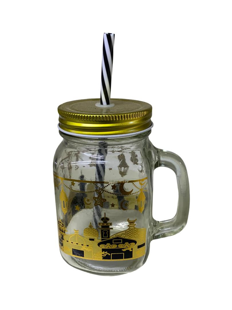 كوب زجاجي رمضاني بغطاء خشبي ومصاصة