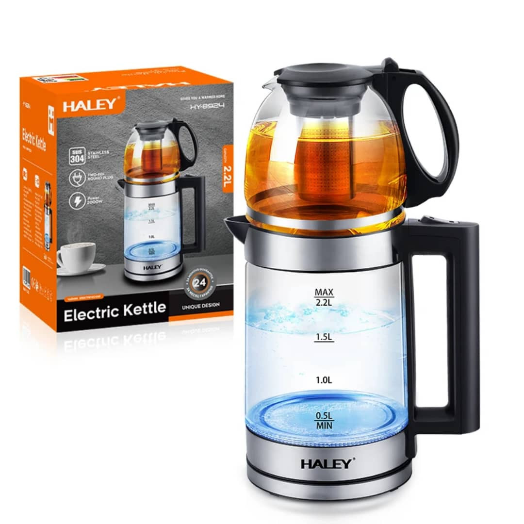 HY-8924 غلاية HALEY الزجاجية متعددة الوظائف – 2.2 لتر، 2000 واط، تصميم فاخر لتحضير الشاي