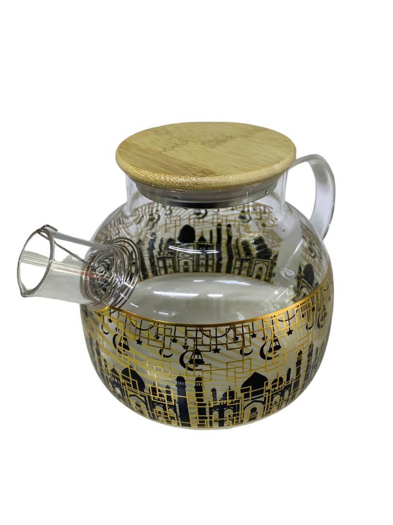 ابريق شاي زجاجي مزخرف بغطاء خشبي