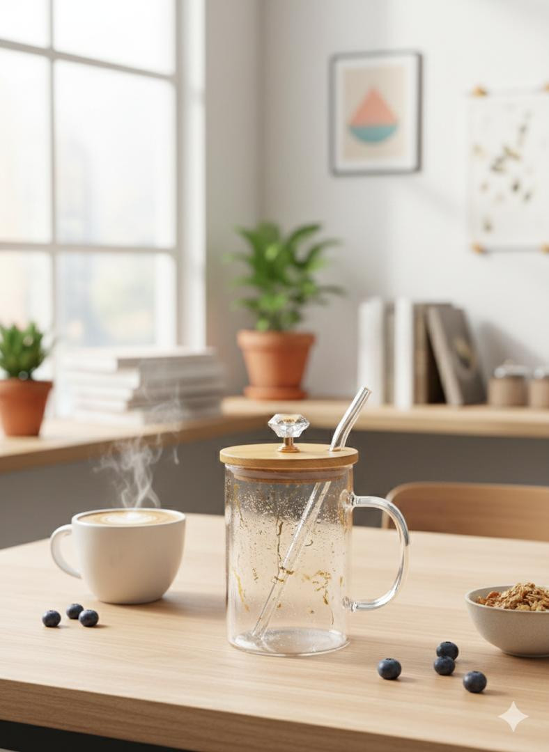 كوب زجاجي مع شفاطة وغطاء بالماسة