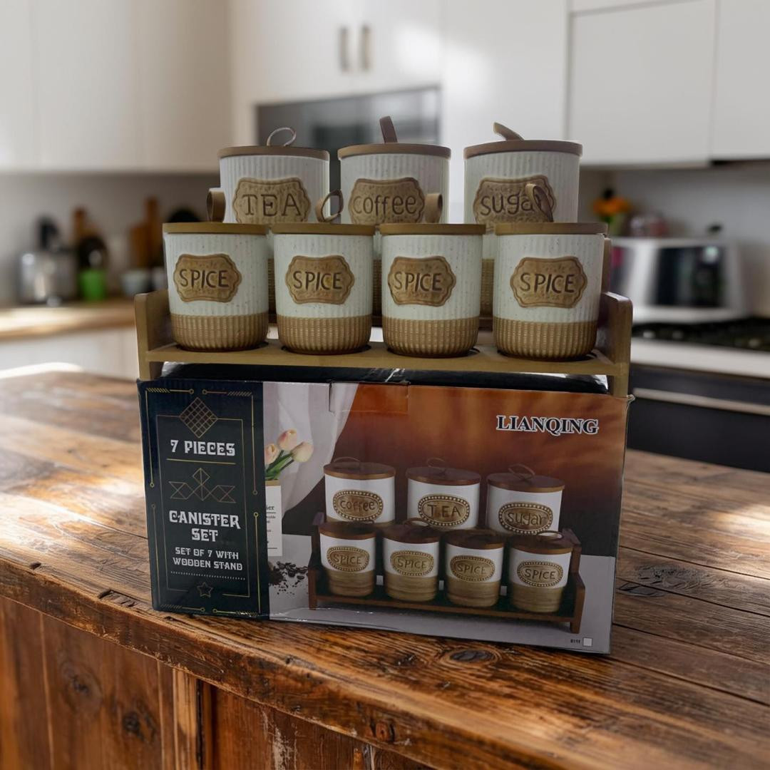 طقم علب تخزين المطبخ مع حامل خشبي