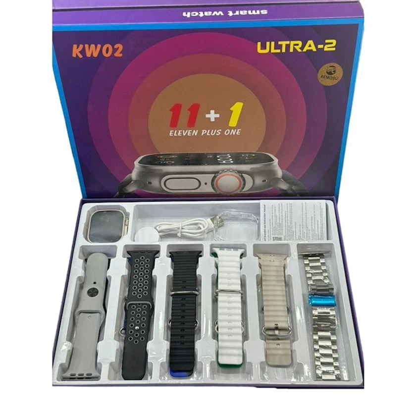 KW02 ULTRA-2 – ساعة ذكية + 10 كستك + حماية شاشة