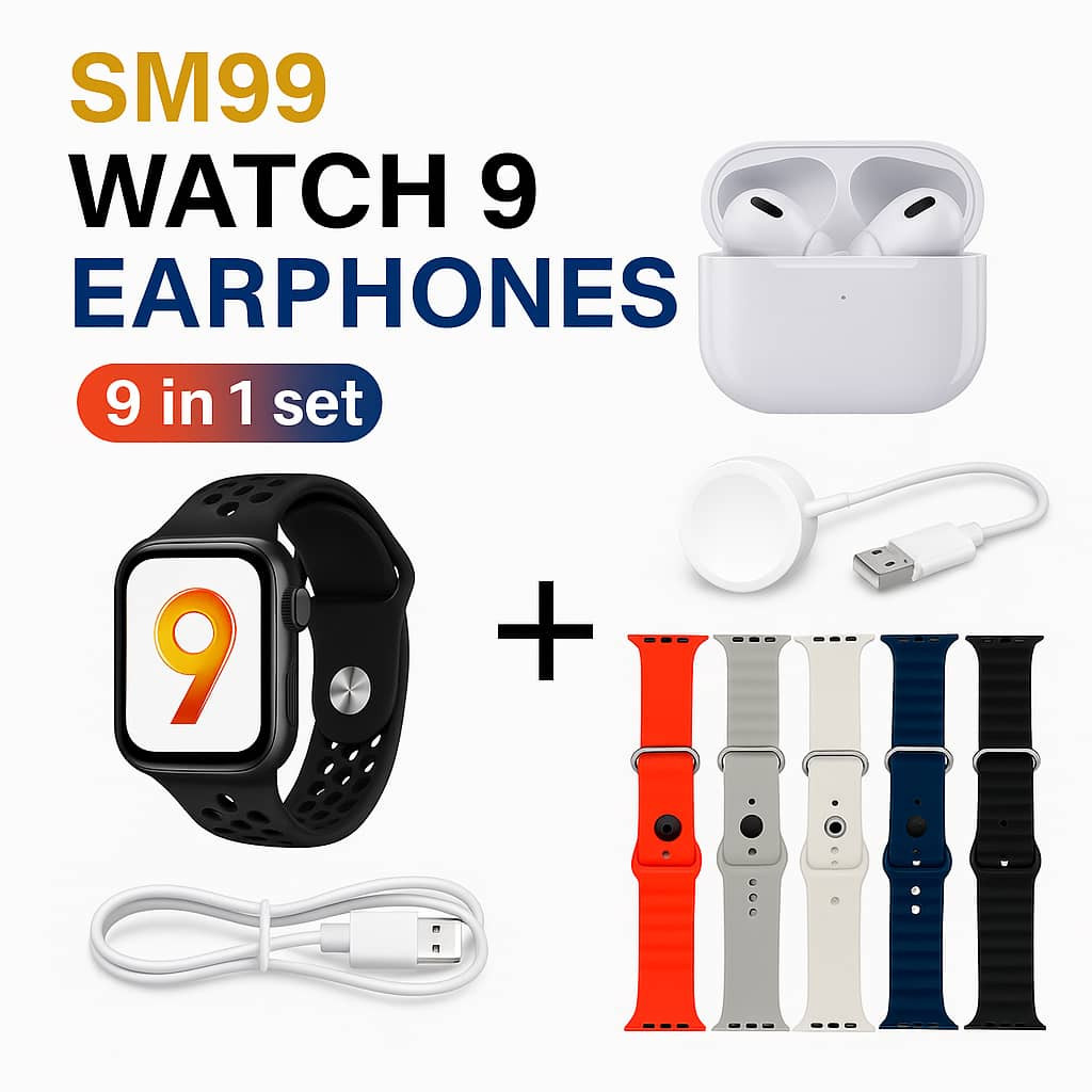 ? سـاعـة ذكـيـة SM99 Watch 9 مـع سـمـاعـات أذن لاسـلـكـيـة – مـجـمـوعـة 9 فـي 1