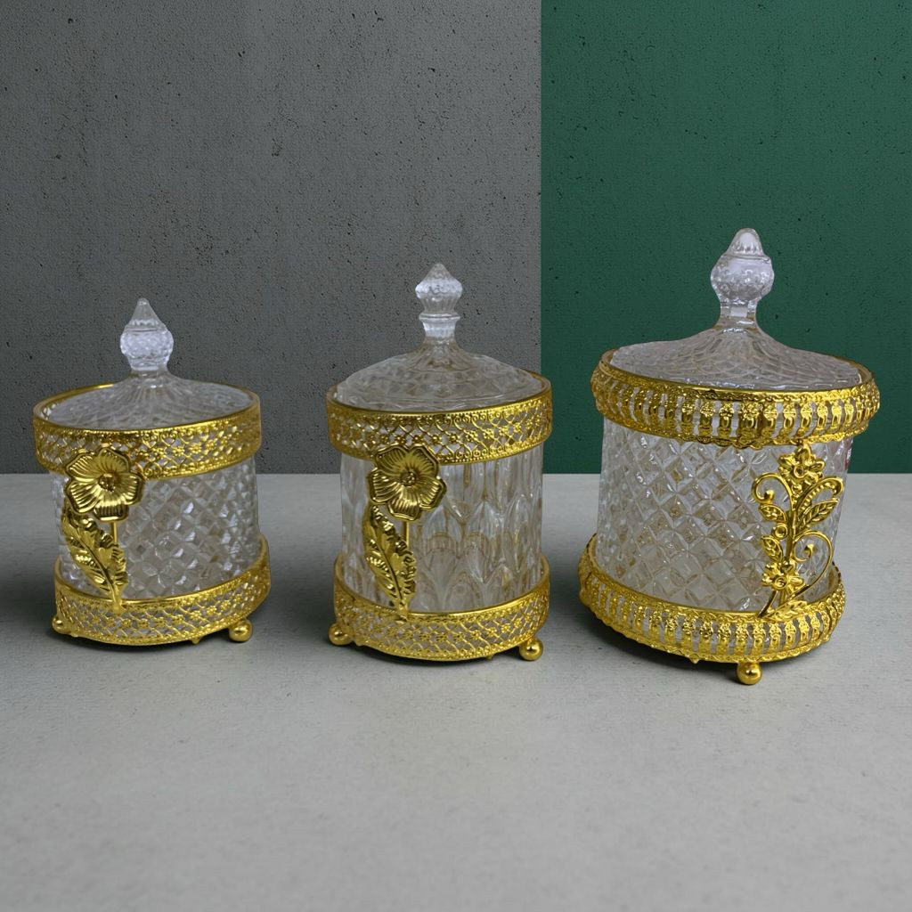 طقم علب تخزين زجاجية فاخرة باطار ذهبي