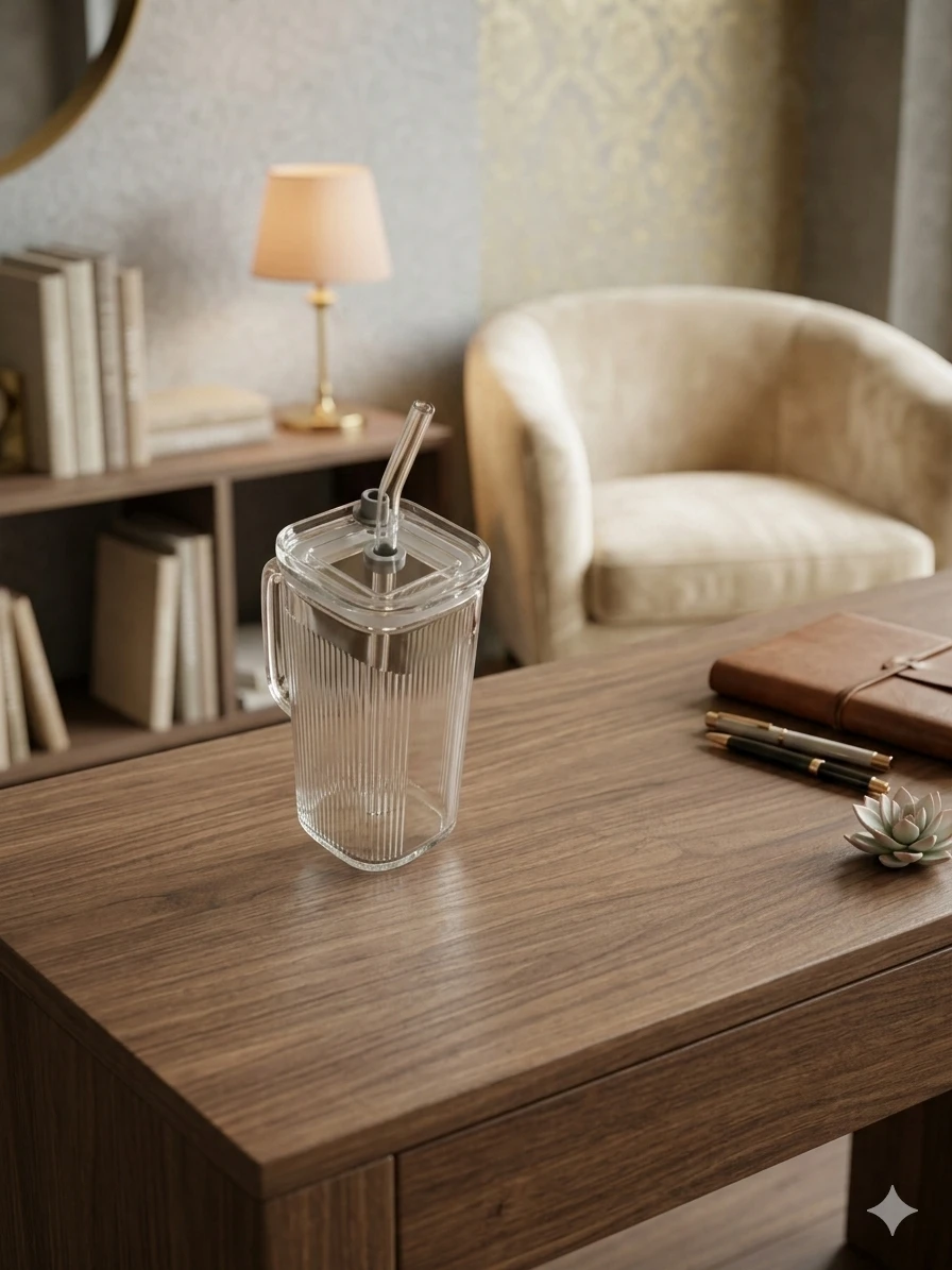 كوب زجاجي مع شفاطة وغطاء