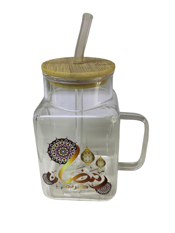 كوب زجاجي رمضاني بغطاء خشبي وشفاط