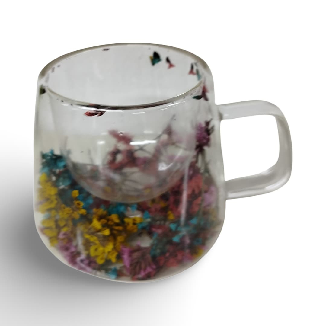 كوب زجاجي مزدوج الجدار بزهور داخلية