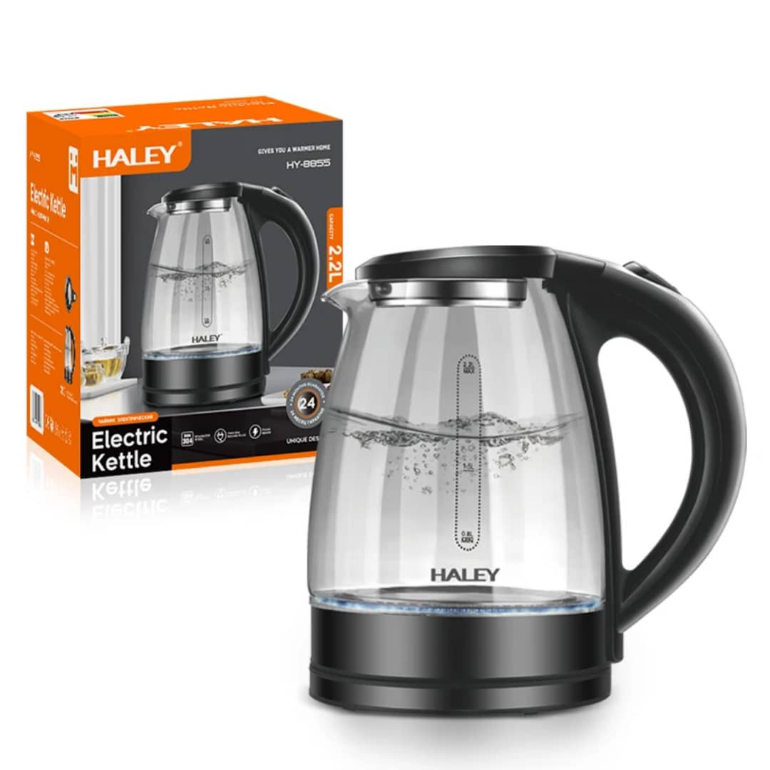 HY-8855 غلاية HALEY الكهربائية – 2.2 لتر، 1800 واط، تصميم زجاجي شفاف وقاعدة دوارة