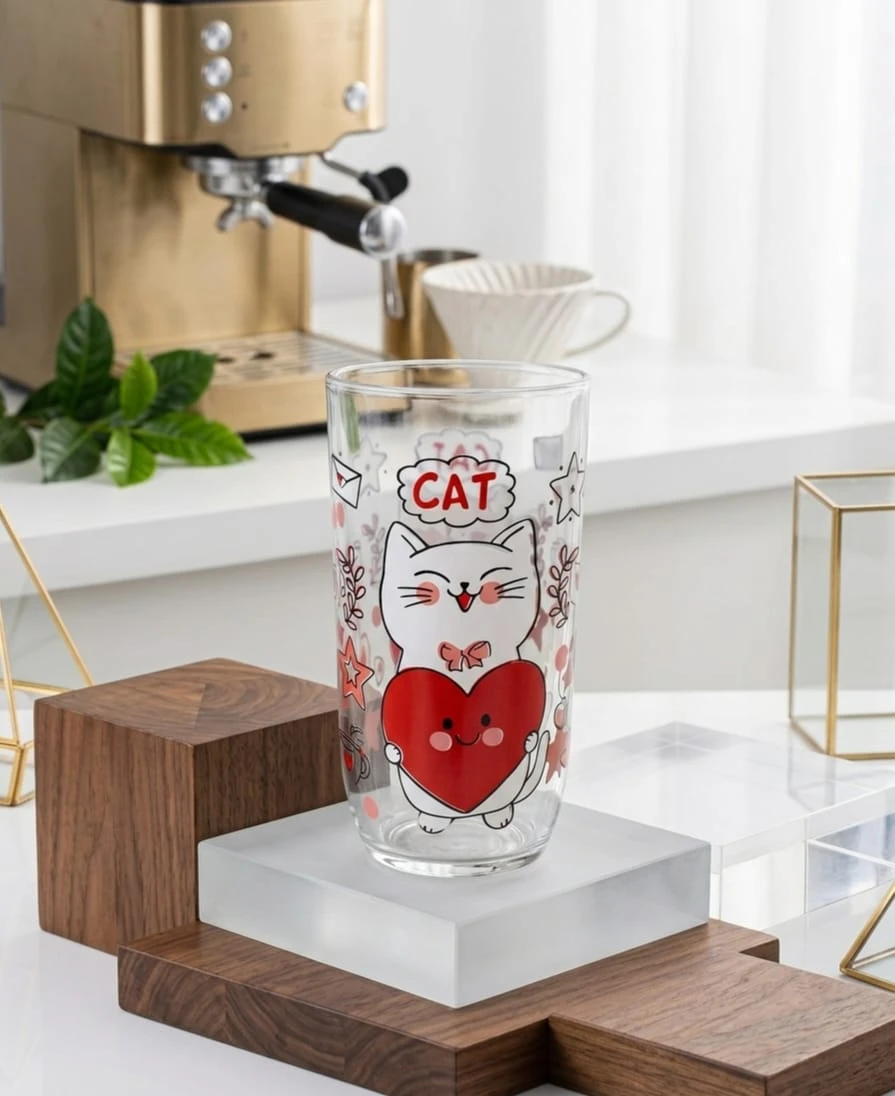 طقم اكواب زجاجية برسمة القط والكلب