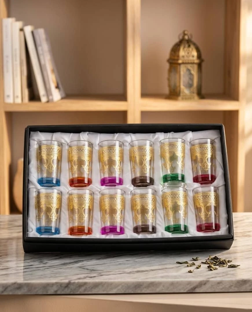 مجموعة اكواب زجاجية ملونة مزخرفة بالذهب